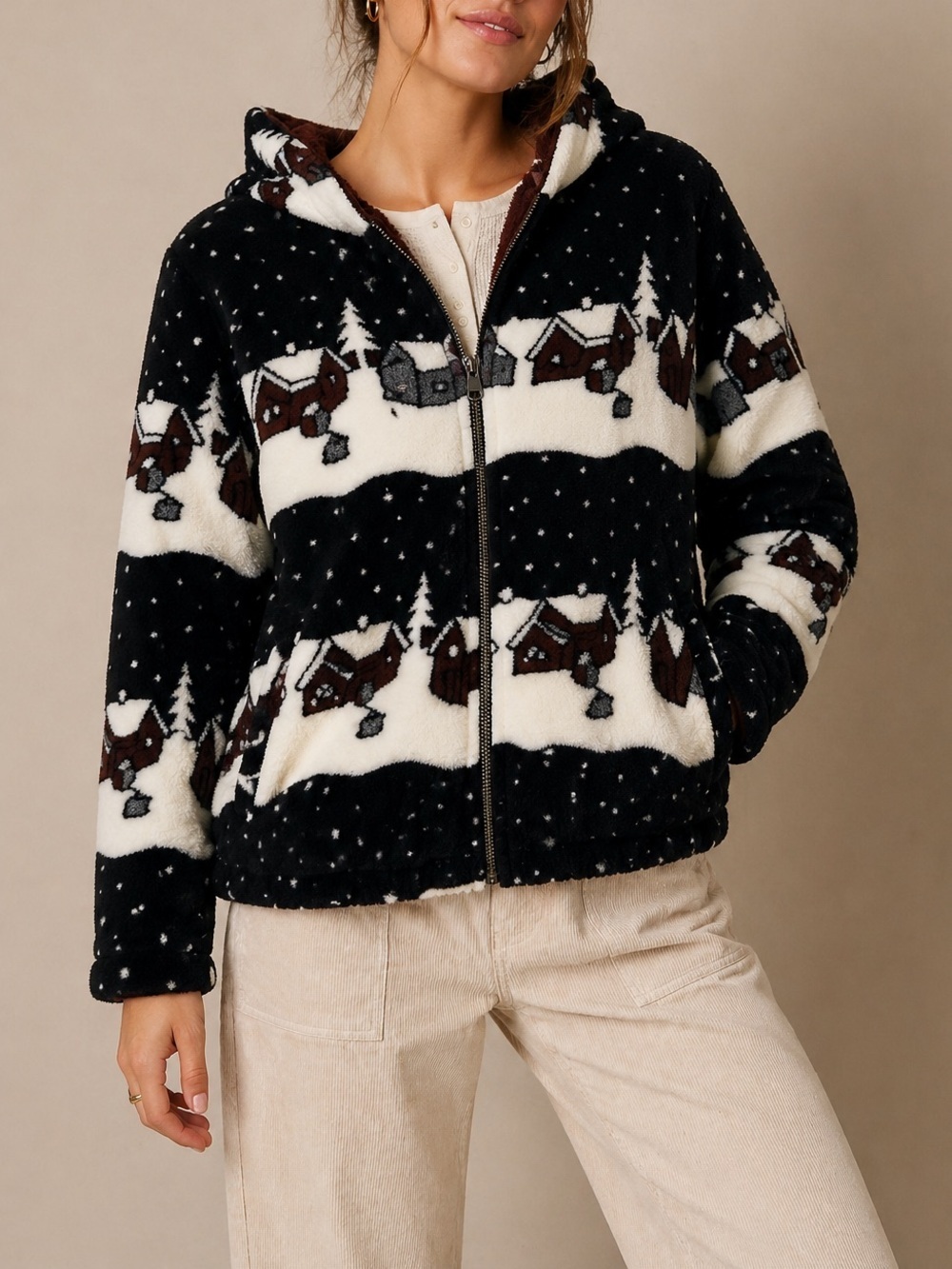 Vintage Reversible Sherpa Fleece Jacket Brown Snow Village Scene Hooded L